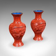 Pair Of Vintage Cinnabar Baluster Vases, Oriental
