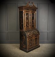 19th C Black Lacquered Chinoiserie Bureau Bookcase