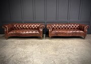 Pair Of Hand Dyed Brown Leather Chesterfield Sofas