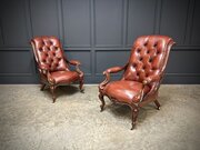 Pair Of Victorian Buttoned Leather Library Chairs
