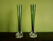 Pair Of Green 1960s Swedish Aseda Glass Stem Vases