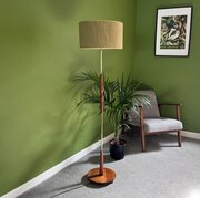 Teak And Brass Standard Lamp, Modern Green Shade