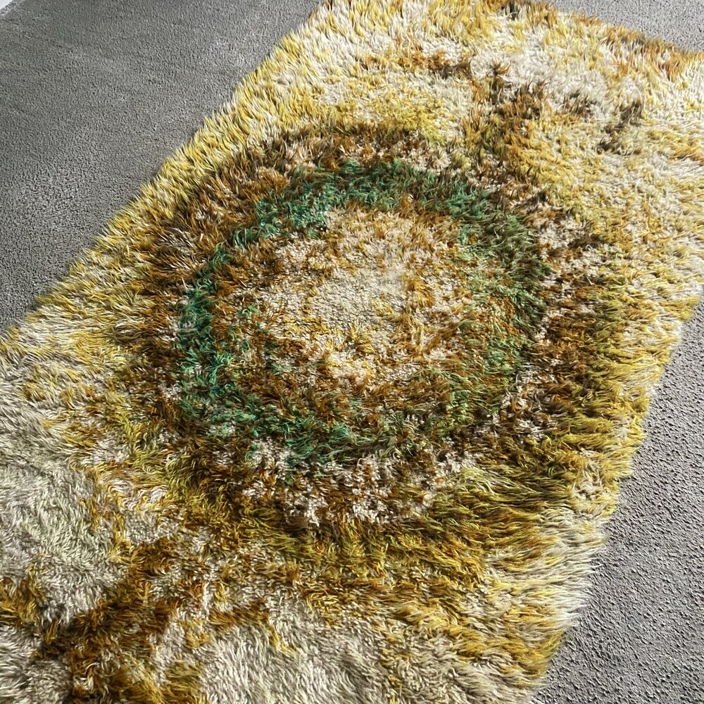 Antiques Atlas - Vintage 60s Rya Rug In Cream, Gold And Green Tones ...