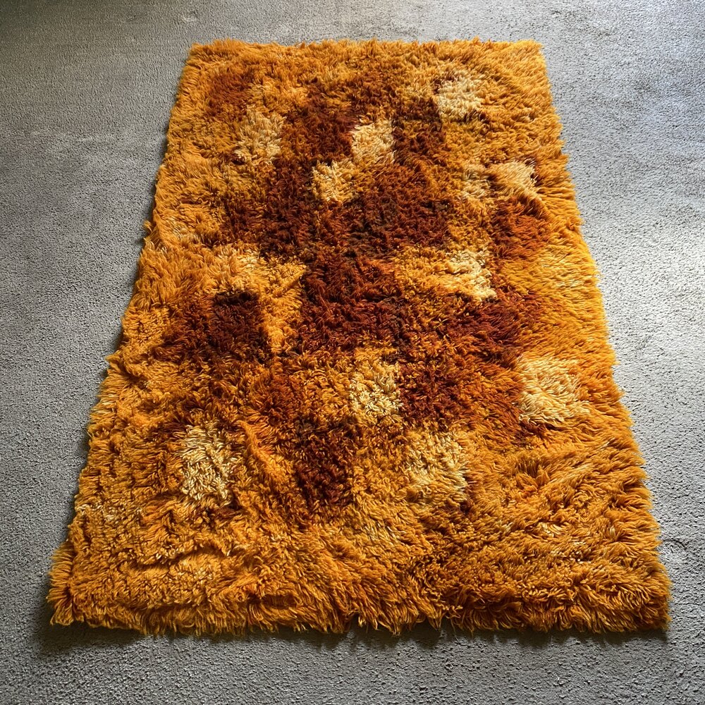 Antiques Atlas - Vintage 60s Rya Rug In Orange With Gold And Brown ...