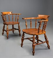 Pair Of Mid 19thc Birch Smokers Bow Windsor Chairs