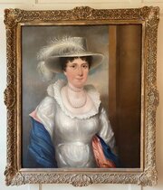 19th Oil Portrait Elegant Young Lady Wearing Pearls