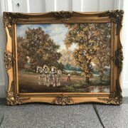 Oil Painting Grey Shire Horses Ploughing Field