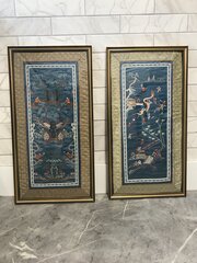 Pair Chinese Silk Embroidered Panels Under Glass