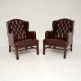 2 x Antique Swedish Leather Wing Back Armchairs