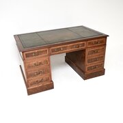 Antique Burr Walnut Leather Top Pedestal Desk