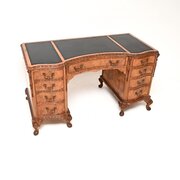 Antique Burr Walnut Leather Top Pedestal Desk