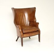 Antique Leather Barrel Back Wing Armchair