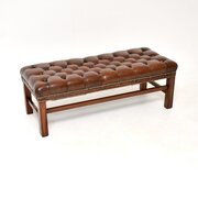 Antique Leather And Mahogany Stool / Bench