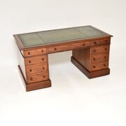 Antique Victorian Walnut Leather Top Pedestal Desk