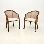 Pair Of Antique Edwardian Walnut Cane Armchairs