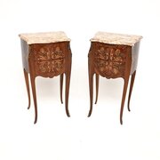 Pair Of Antique French Marquetry Marble Top Chests