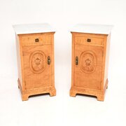 Pair Of Antique Satin Birch Marble Top Bedsides