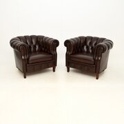Pair Of Antique Swedish Leather Club Armchairs