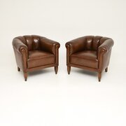 Pair Of Antique Swedish Leather Club Armchairs