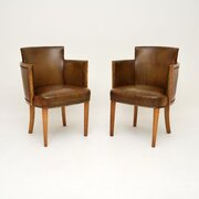 Pair Of Art Deco Burr Walnut And Leather Armchairs