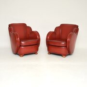 Pair Of Art Deco Leather Cloud Back Armchairs