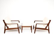 Pair Of Danish Vintage Afromosia Armchairs & Stool