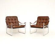 Pair Of Danish Vintage Leather & Chrome Armchairs
