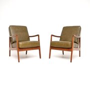 Pair Of Danish Vintage Teak And Leather Armchairs