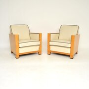 Pair Of Satin Birch Leather Art Deco Armchairs