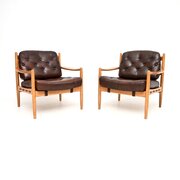 Pair Of Swedish Vintage Leather Birch Armchairs