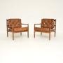 Pair of Swedish Vintage Leather & Walnut Armchairs