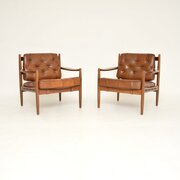Pair Of Swedish Vintage Leather & Walnut Armchairs