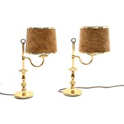 Pair Of Vintage Brass Table Lamps & Velvet Shades