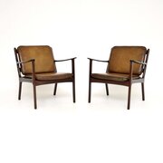 Pair Of Vintage Danish Mahogany Leather Armchairs