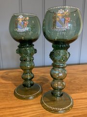 Pair Of German Armourial Green Glass Roemers/Goblets