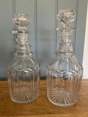 Pair Of Georgian Triple Ring Glass Whiskey Decanters