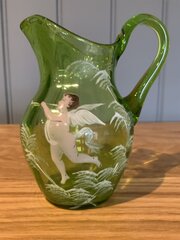 Victorian Hand Painted Green Glass Jug (Angel)