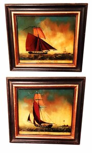 Two Reverse Glass Marine Engravings.18thC Cutters