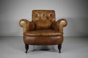 Large English 19th Cen Antique Leather Armchair