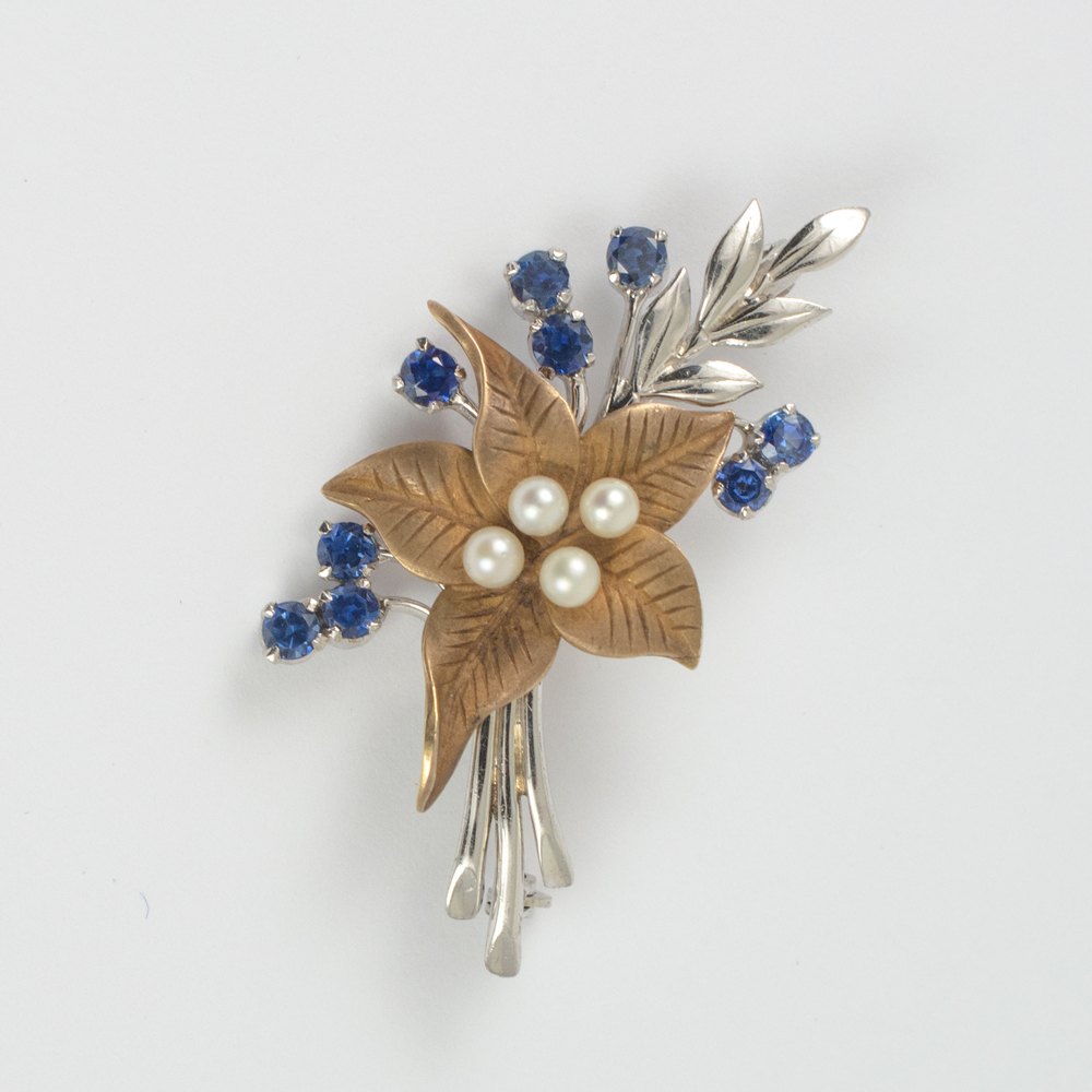 Antiques Atlas Vintage 9ct Gold Sapphire & Pearl Floral Brooch