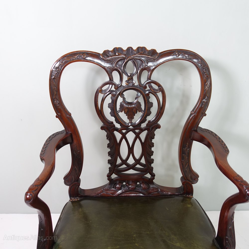 Carved Mahogany & Leather Open Arm Chair Antiques Atlas