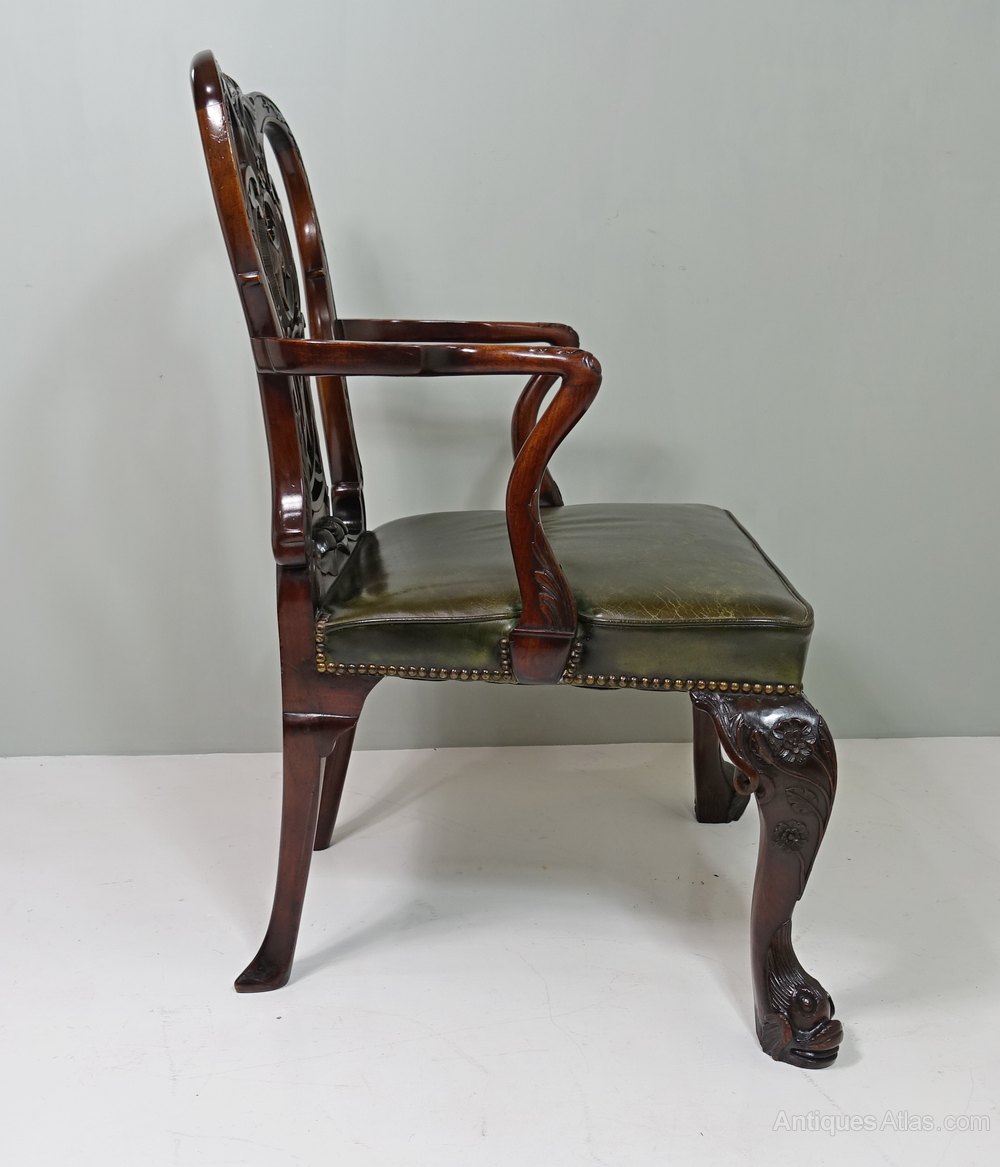 Carved Mahogany & Leather Open Arm Chair Antiques Atlas