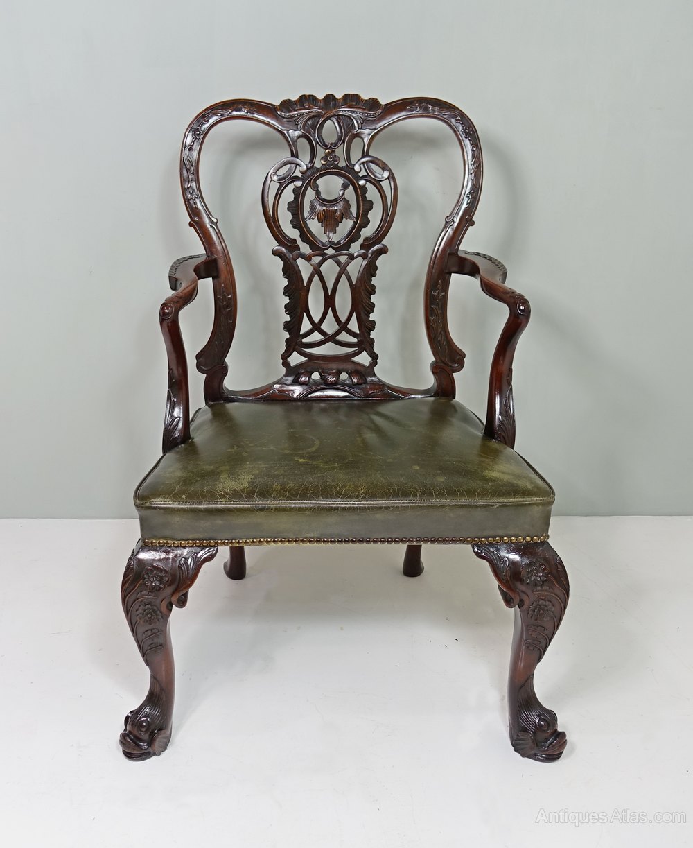 Carved Mahogany & Leather Open Arm Chair Antiques Atlas