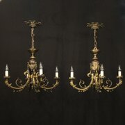 French Pair Gilded Bronze 4 Light Chandeliers