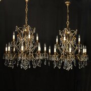 French Pair Of Gilded Crystal 12 Light Chandeliers