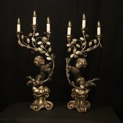 French Pair Silver Giltwood Cherub Candelabra