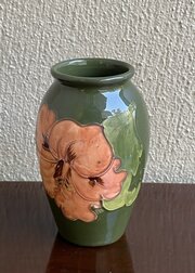 Moorcroft Coral Hibiscus Vase On Olive Green 