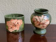 Moorcroft Coral Hibiscus On Olive Green Vases 