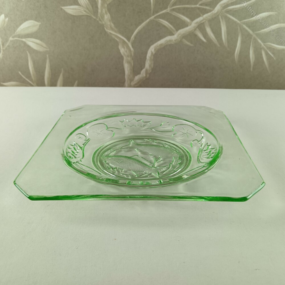 Matrix. Login Example Antiques Atlas - Art Deco Green Glass 'Fish & Water Lily' Plate. as1148a308