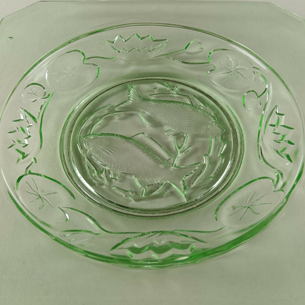 Matrix. Login Example Antiques Atlas - Art Deco Green Glass 'Fish & Water Lily' Plate. as1148a308